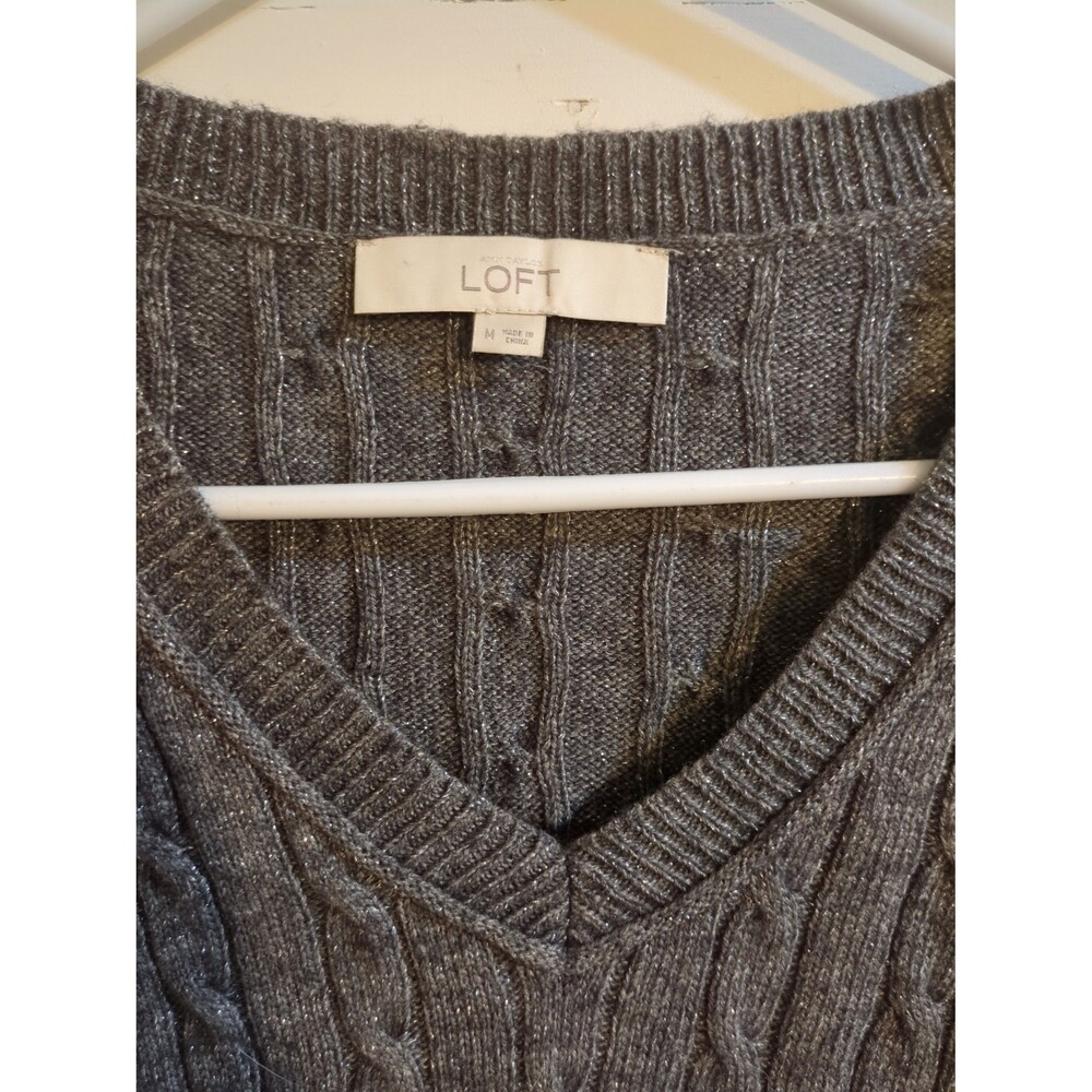 Loft gray sparkle cable knit sweater wool rabbit hair blend medium fall winter - Picture 2 of 7